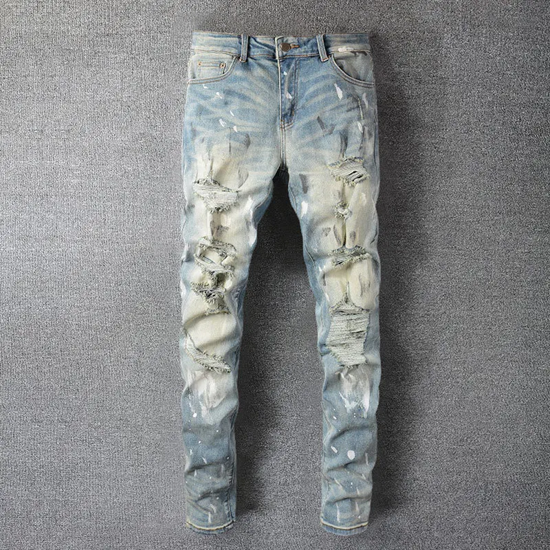 

High Quality Ink Splash Patchwork Male Ripped Hole Design Stretchy Jean Hip Hop Style Trousers For Men Pantalon Vaqueros Hombre