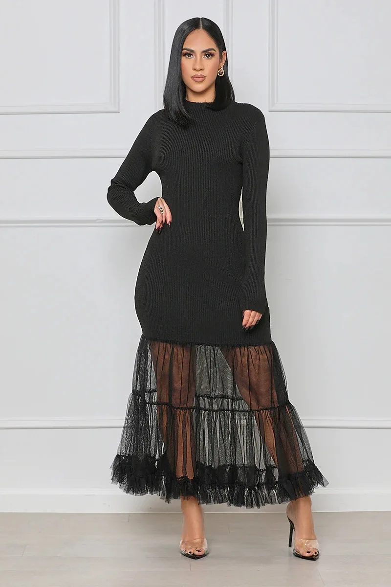 

Knitted Long Sleeve Maxi Dress 2022 Autumn Fashion Women's Sexy Elegant Stretch Mesh Patchwork Hem Dresses