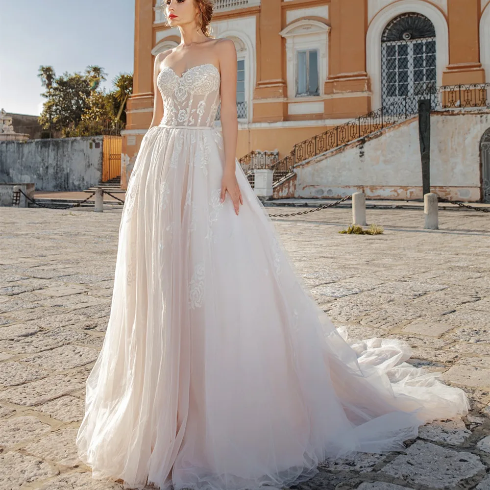 

Country Wedding Dress 2022 Sweetheart A Line Backless Sweep Train Robe De Mariee Blush Pink Appliques Boho Bridal Gowns Vestidos