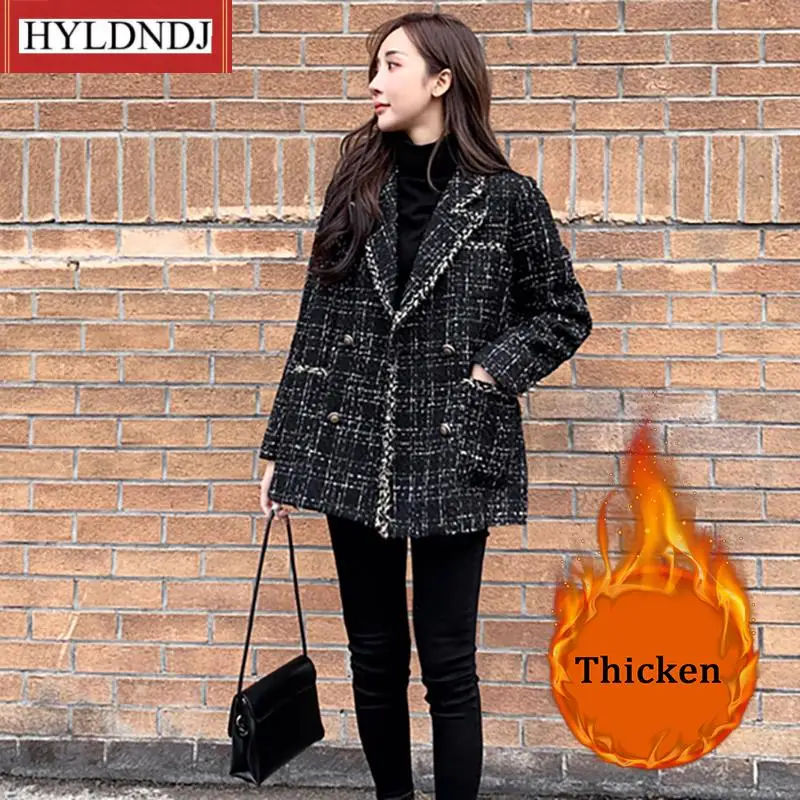 Double Breasted Fashion Suit Coats Black Plaid Blazer Women Autumn Winter Thicken Tweed Turn-Down Collar Vintage Blazer Jacket