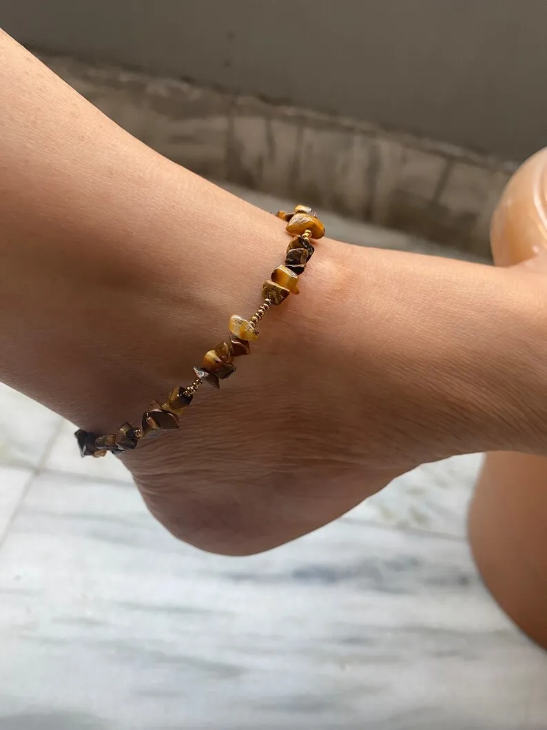Tiger Eye Anklet-Boho Anklet-Beaded Anklet-Raw Chips Beaded Anklet-Ankle Bracelet-Fashionable Anklet-Handmade Jewelry