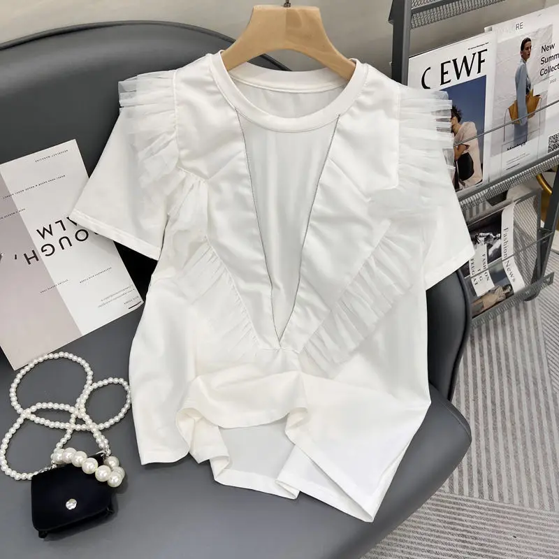 

VANOVICH Summer 2022 New Design Ruffled Fauze Patchwork O-neck Short-sleeved T-shirt Temperament Fashion Casual Pullover Top