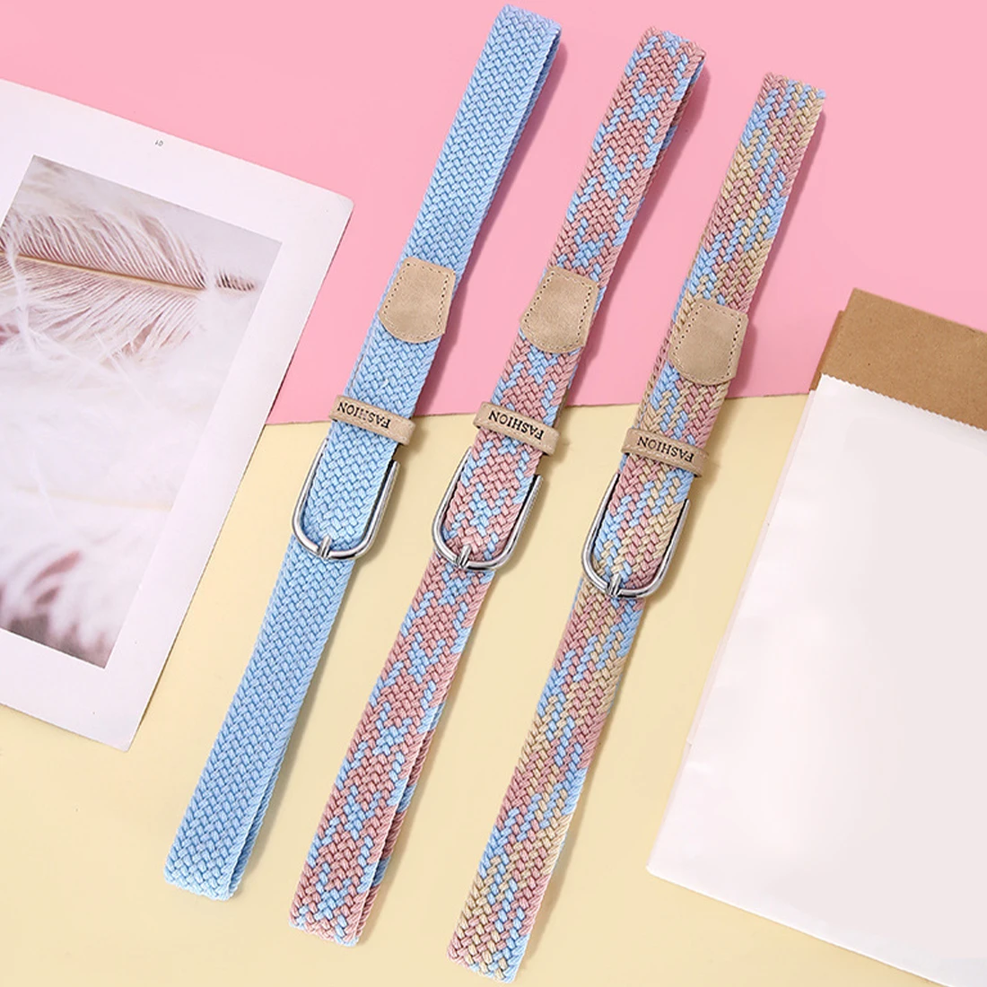 Woven Elastic Braided Belt Colorful Canvas Fabric Elastic Stretch Belt with Metal Buckle Casual Women Fashion Accessories 100cm