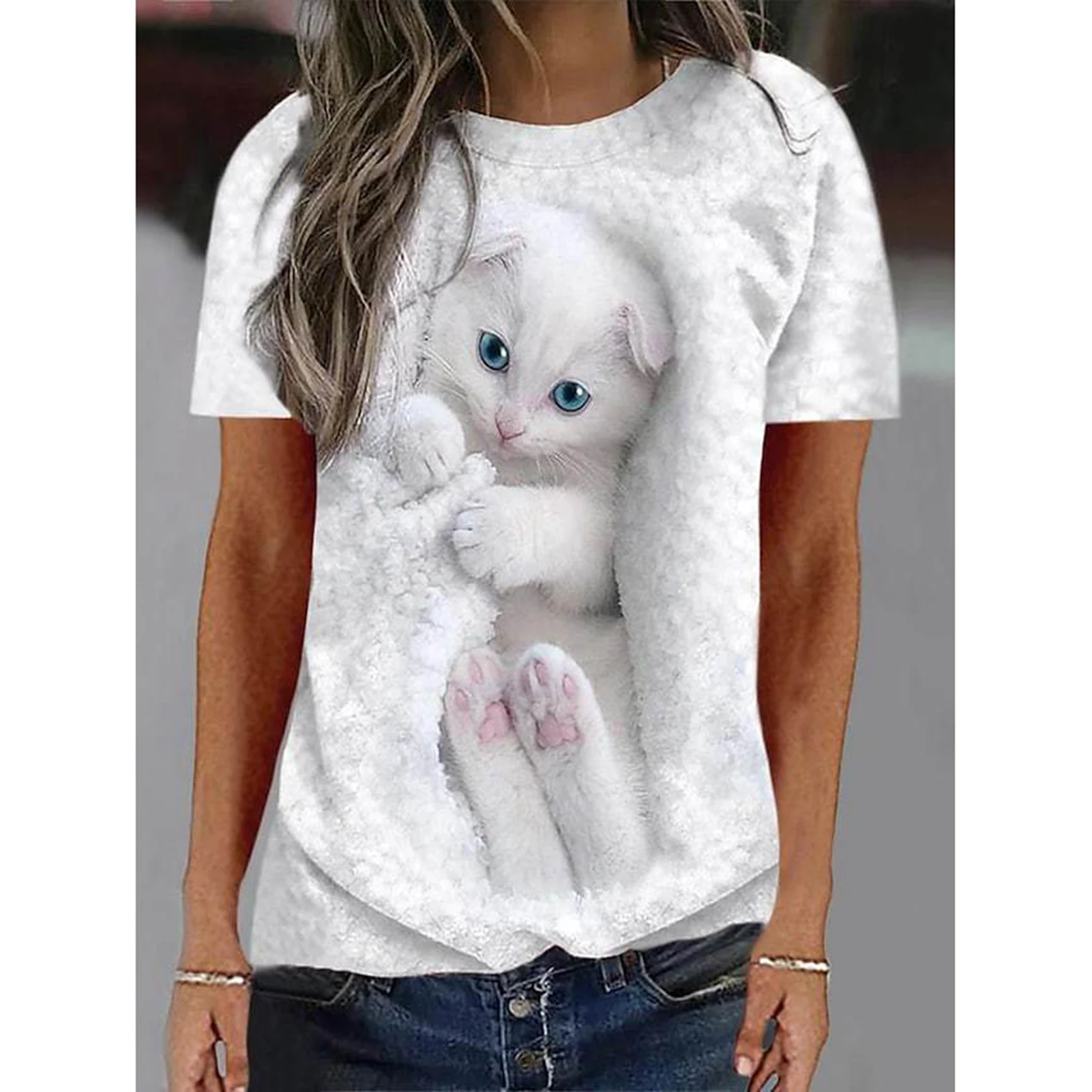 

Женская футболка с коротким рукавом и принтом кошки, пуловер с круглым вырезом, Свободный Топ для женщин, женский пуловер для девушек