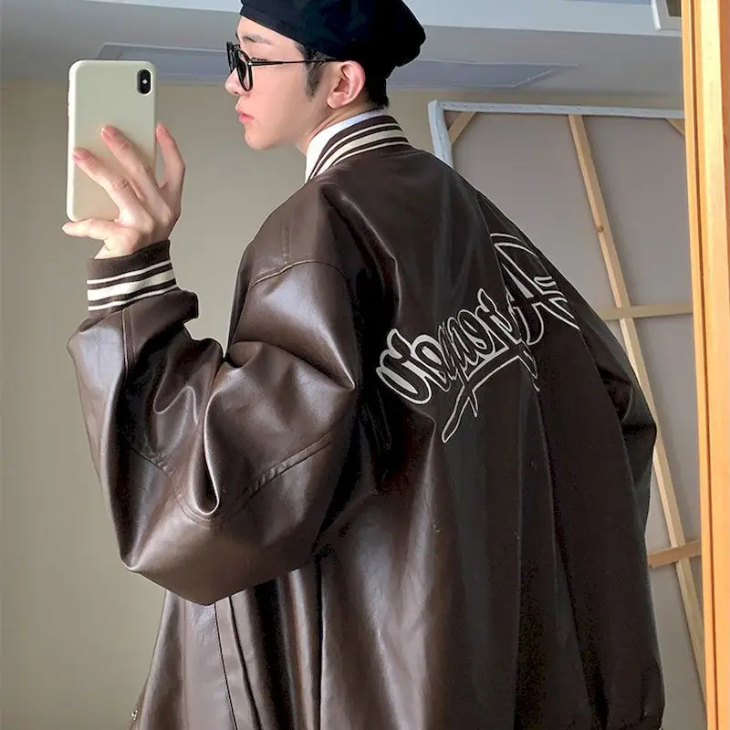 

PU Leather Bomber Jackets Brown Locomotive Couple Winter Retro Oversized Baseball Jackets Casual Hip-hop Men Omen Unisex Coat