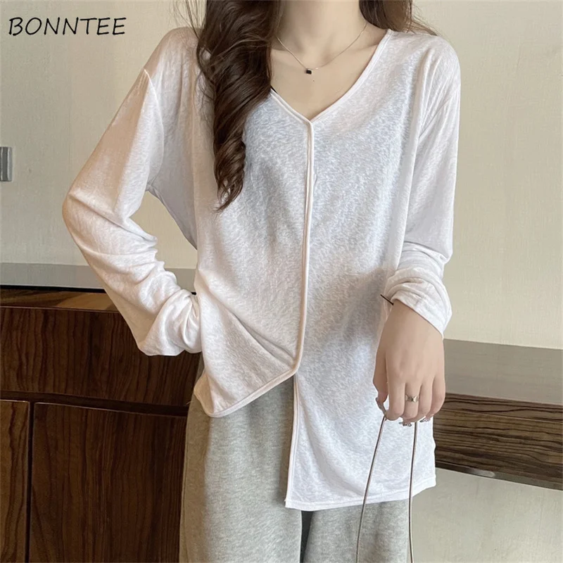 

Sheer T-shirts Women V-neck Thin Femme New Collection Tender Solid Summer Long Sleeve All-match Korean Style Casual Schoolgirl