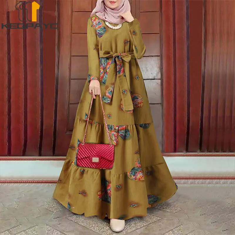 Muslim Women Dubai Abaya Cotton Linen Long Dress Kaftan Islam Arab Vintage Print Dresses with Belt Robe Middle East Eid Clothing
