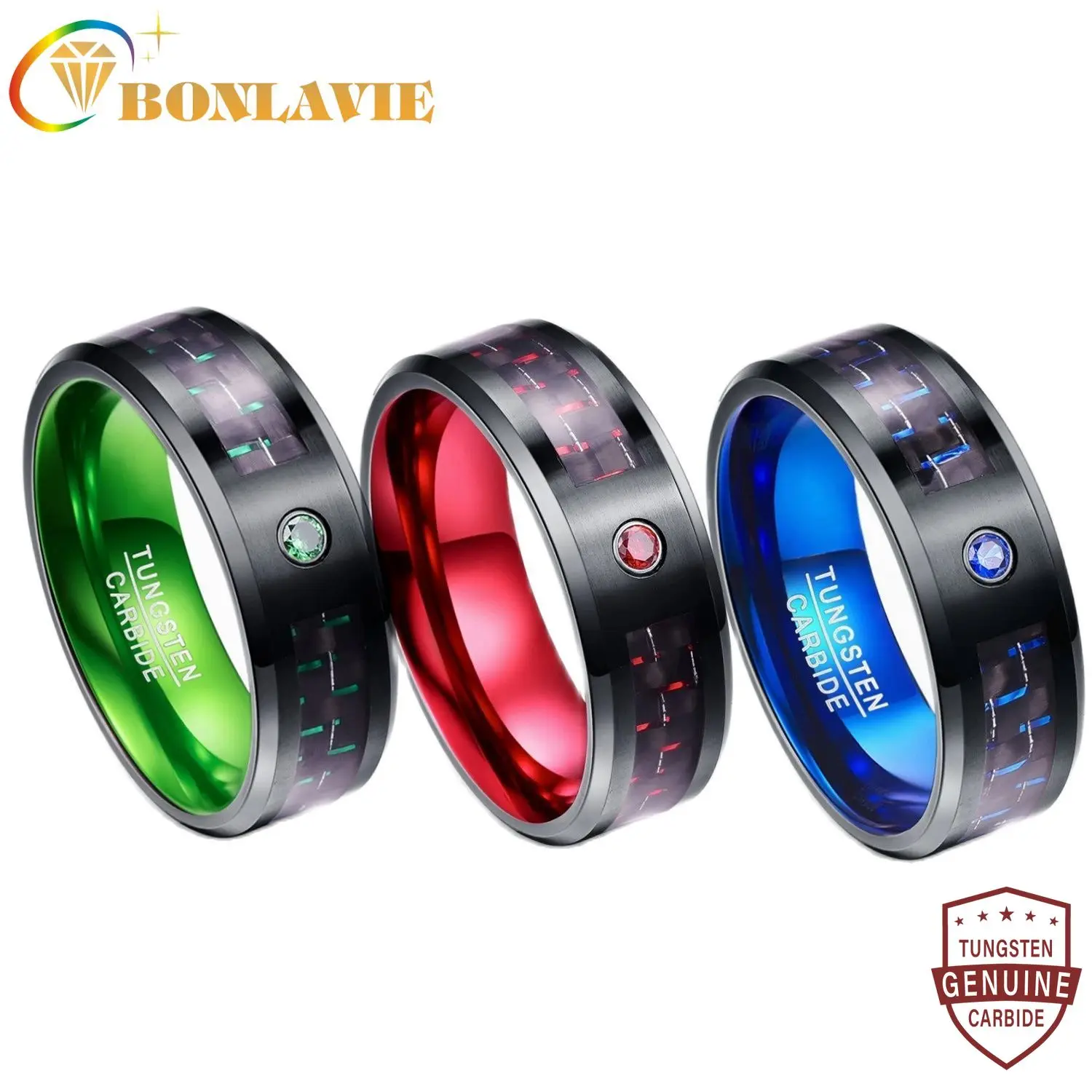 

BONLAVIE 8mm Tungsten Carbide Ring Carbon Fiber CZ Zircon Men Rings Gift Anillos Para Hombres Wedding Bands Ring for Men