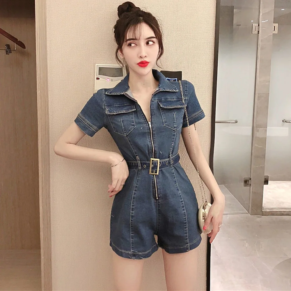 

2022 New Denim Jumpsuit Women Short Sleeve Turn Down Collar Playsuits Shorts Jeans Rompers with Belt Streetwear
