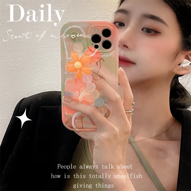 

Solid Flower Beads Chain Strap Phone Case For iPhone 11 12 13 Pro Max IMD Phone Back Protective Cover Shock Proof
