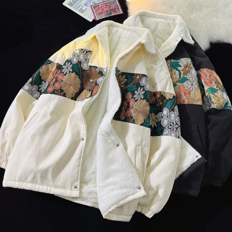 Winter Jacket Men Warm Fashion Thicken Embroidery Jacket Men Japanese Streetwear Loose Plush Thick Short Coat Mens Large Size