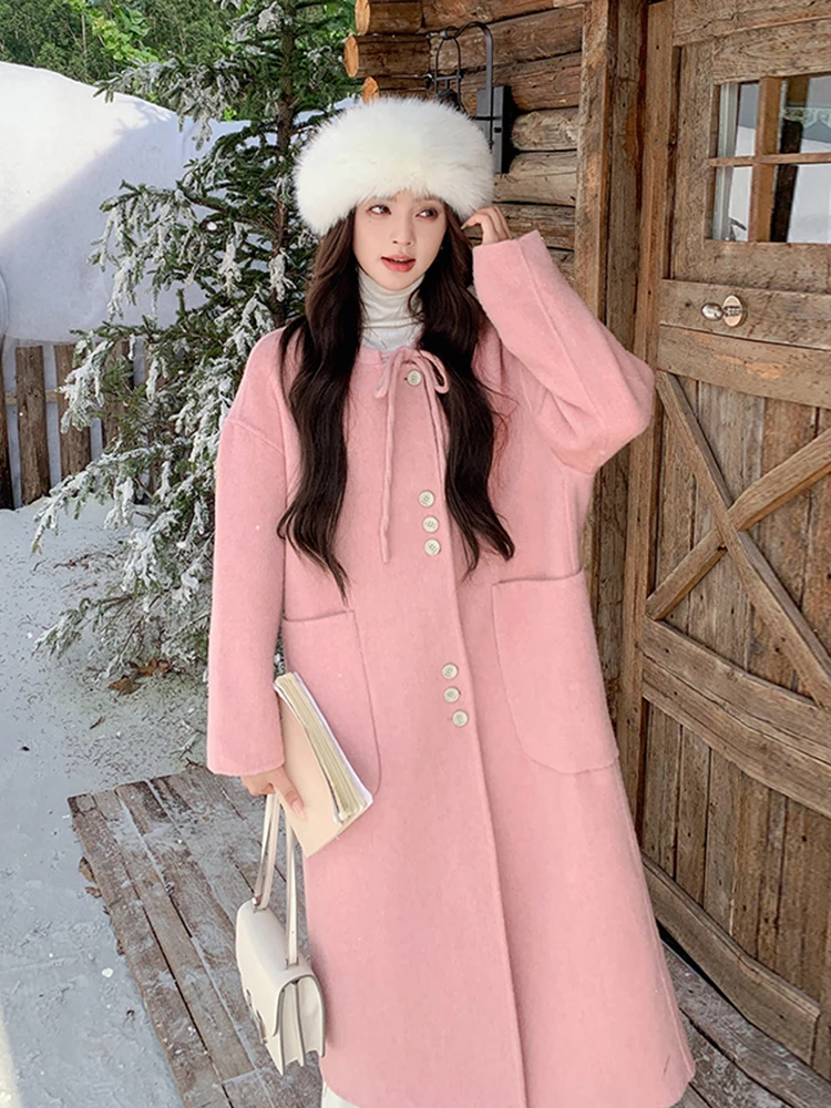 Розовое кашемировое пальто для женщин новинка 2024 осенне-зимняя корейская серия