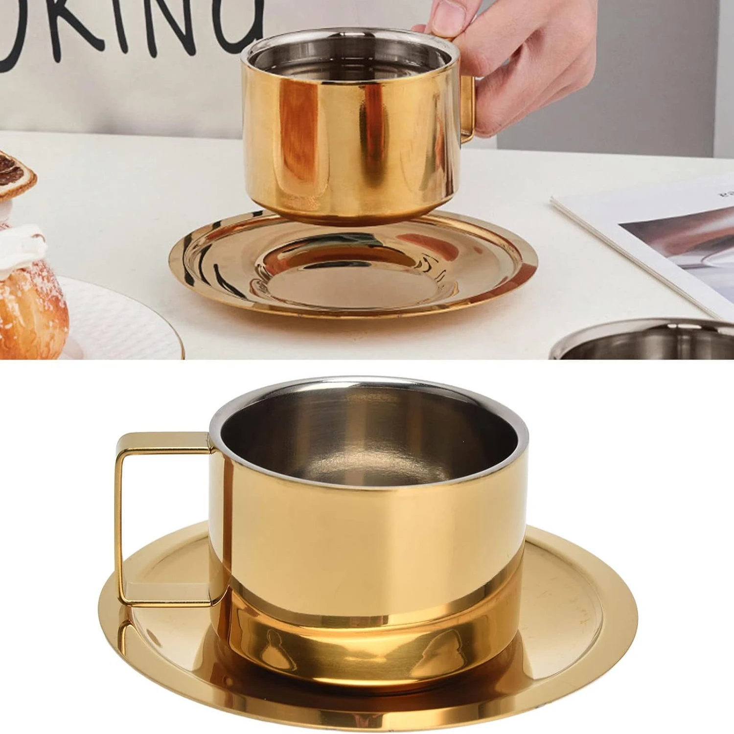Stylish Durable and Convenient Gold Stainless Steel Tea Cup with Saucer - 30 oz for Hot Drinks Ideal Restaurants Cafe