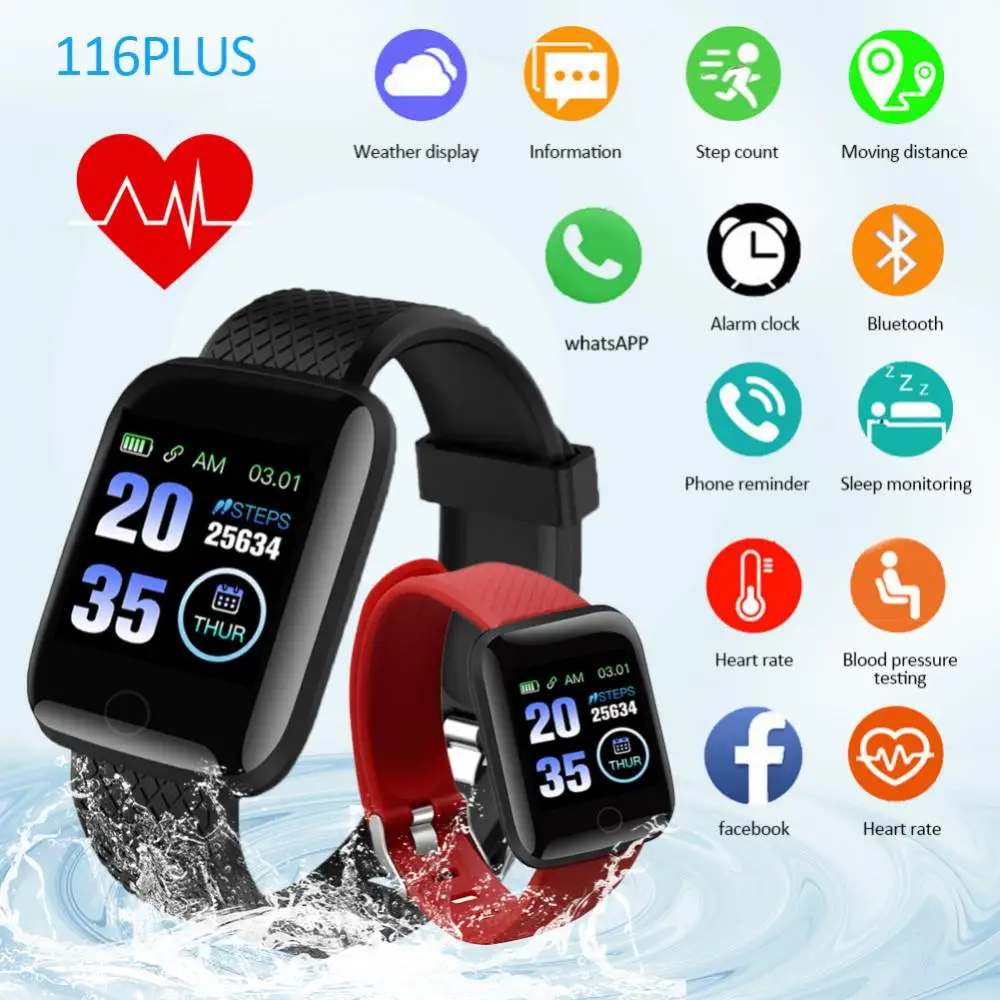 

116 PLUS Smart Bracelet Watch Color Screen Heart Rate Blood Pressure Monitoring Track Movement IP65 Waterproof For Outdoor