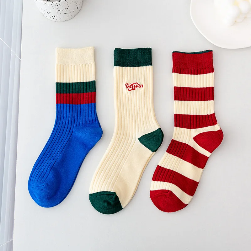 3 Pairs Korean Striped Simple Women Cotton Socks Autumn Fashion Trend Hip-Hop Breathable Soft Letters Embroidered Mid-Thigh Sock