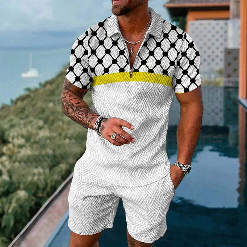 New Men's Casual Summer Short-sleeved Polo Shirt And Shorts Suit Two-piece Men's Clothing 3D Geometric Print Men's Clothing