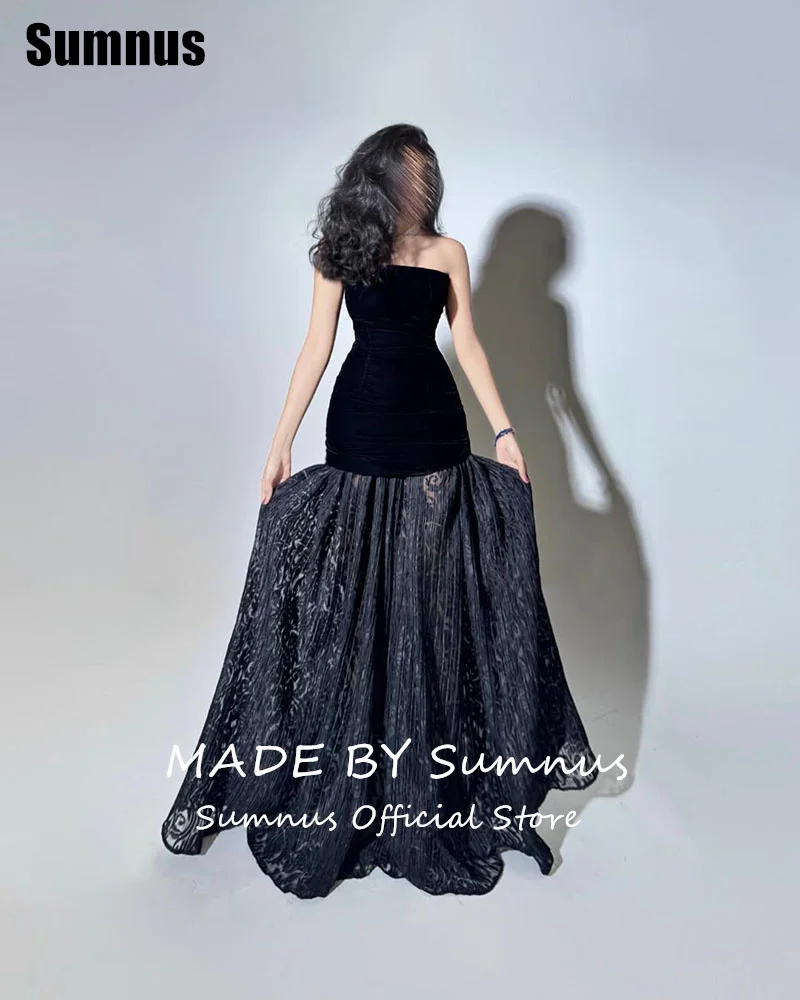 Фото Sumnus Mermaid Black Velour Prom Dresses Elegant Lace Strapless Evening Dress Floor Length Sleeveless Formal Gowns Customized №2