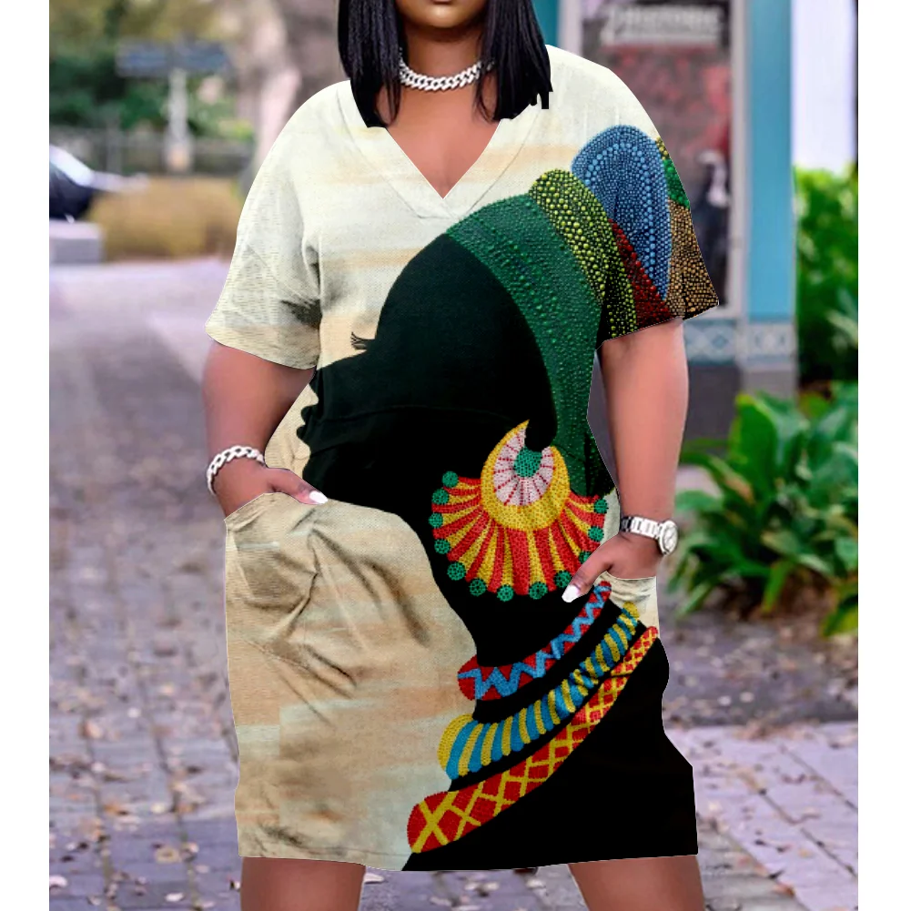 

Sexy Native Dresses African Women Fashion Midi Dress Bohemian 3D Party Dress Female Slim Sundress Pocket V-Neck Dress Plus Size