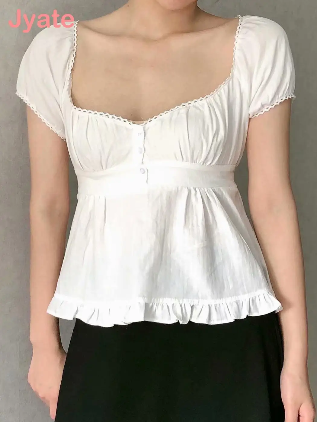 

Jyate сказочная кружевная отделка, женская летняя уличная одежда, квадратный воротник, женские милые шикарные облегающие Топы