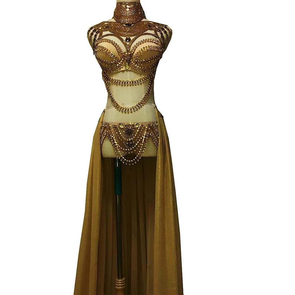 

Embellished Rhinestones Chain Bikini Sets Shiny Costume For Women Mesh Gauze Trailing Nightclub Dance Show Wear Stage Outfit