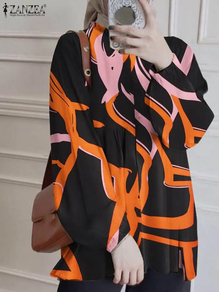 

Блузка ZANZEA женская с богемным принтом, туника с рукавами-фонариками и круглым вырезом, Повседневная офисная рубашка, элегантная свободная Исламская одежда