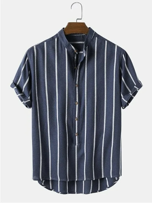 

Men Clothing 2023 Summer New Men's Shirts Simple Fashion Striped Men's Stand-up Collar Youth Short-sleeved Shirts Pullovers