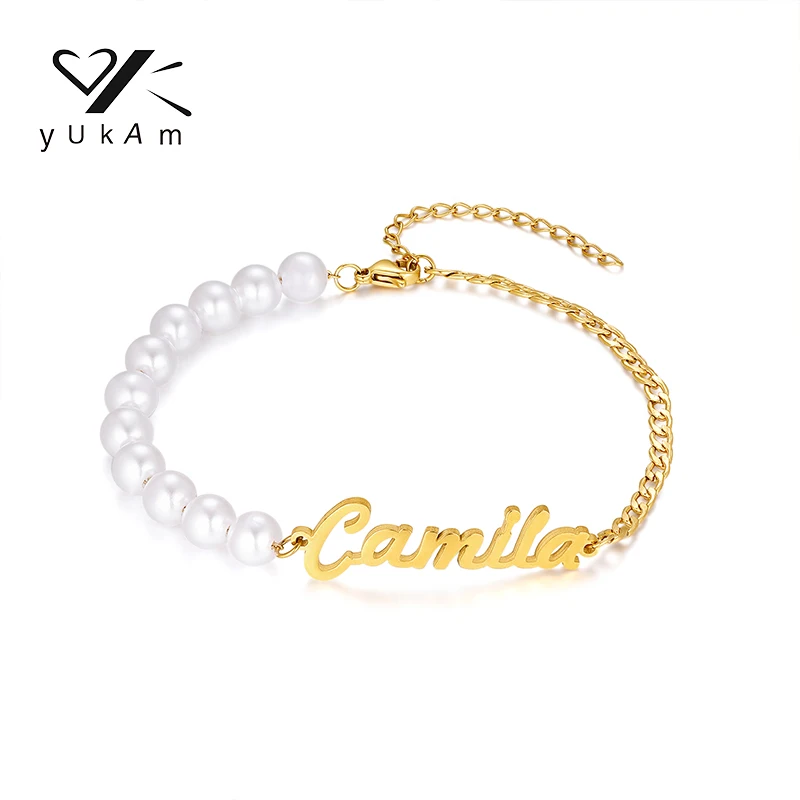 YUKAM Adjustable Steel Bracelet With Pearl Bracelets for Girls Gifts Ideas Women Women's Luxury Stainless Custom Object
