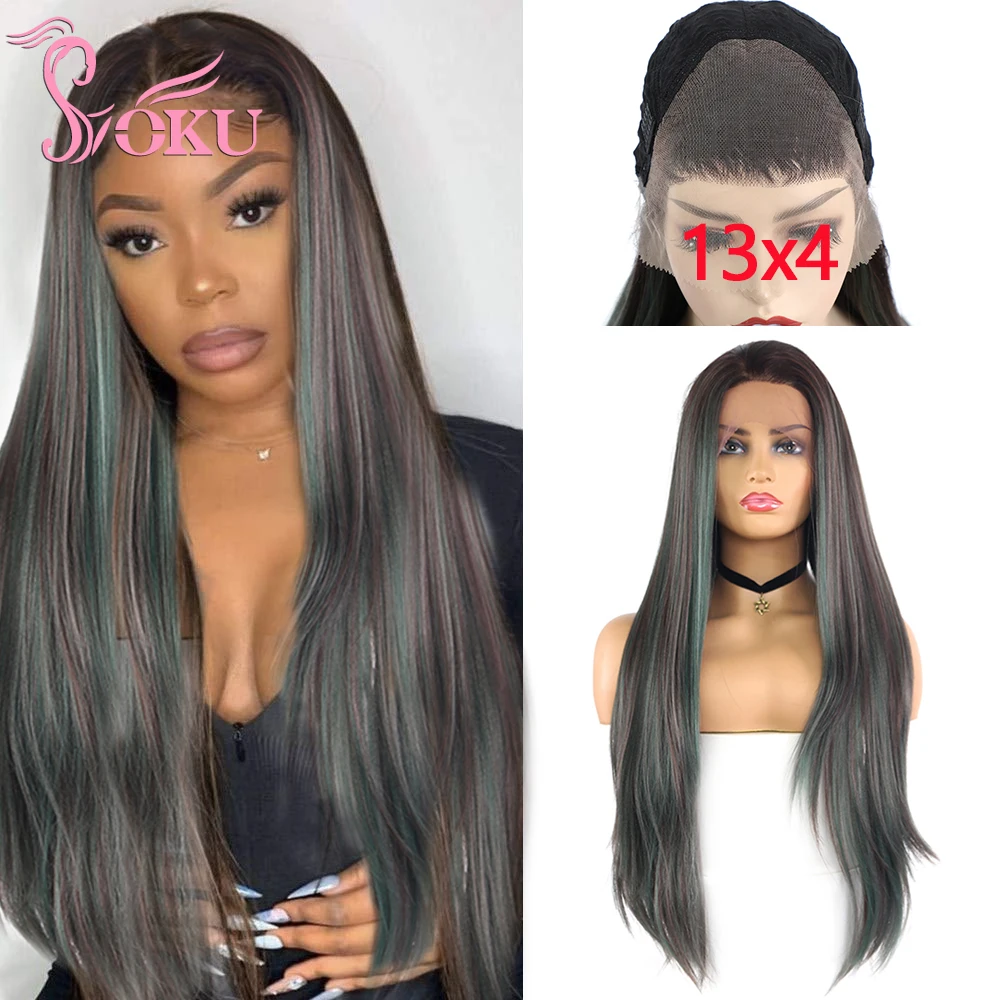 13x4 Synthetic Wig Straight Lace Frontal Wig 30 Inches Black Hair with Green Highlight Soku Free Part Lace Front Wigs For Women