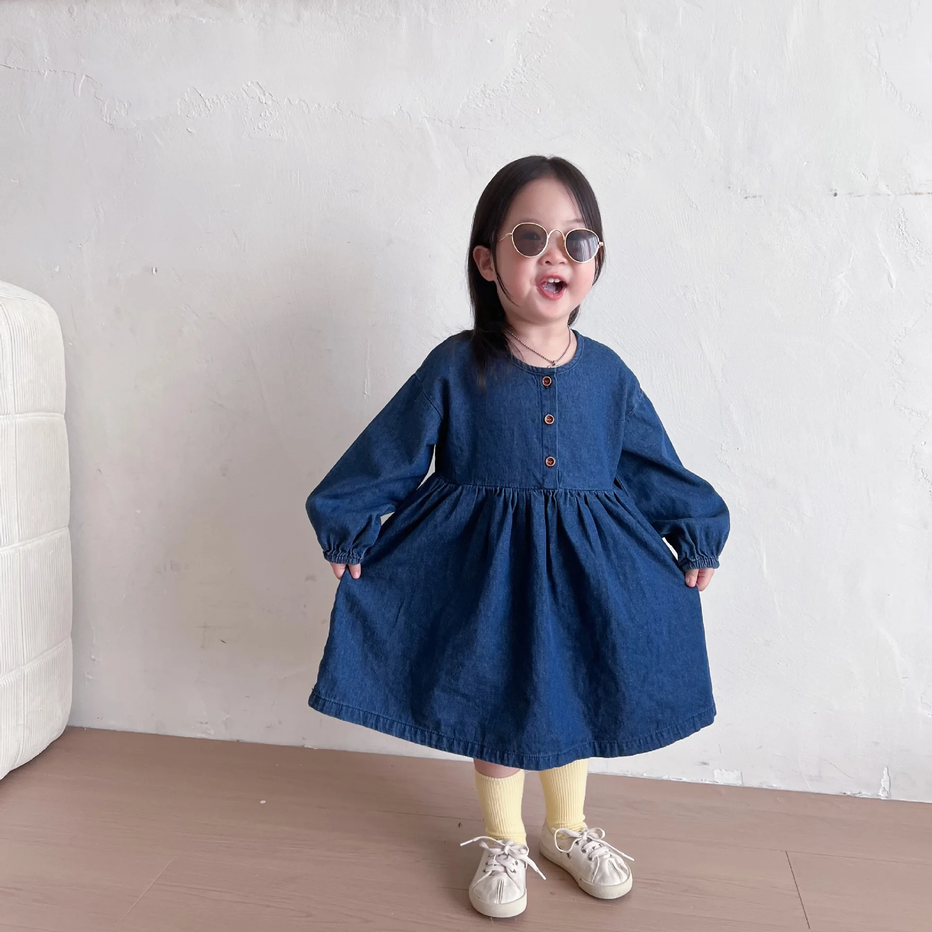 

Toddler Girl Casual Denim Dress Autumn New Long Sleeves Loose Straight Dresses Cute Baby Girls Simple Princess Dresses