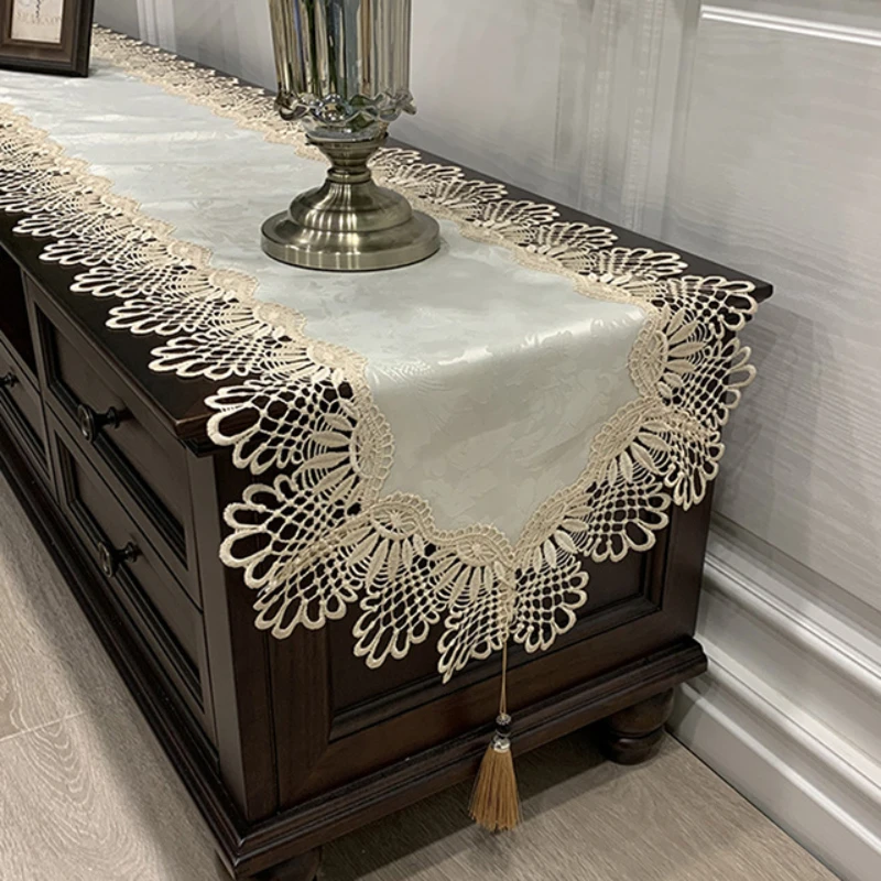 Lace Table Runner Embroidered TV Cabinet Tablecloth Lace Pendant Tassel Dresser Table Flag Decoration for Home Dust Cover