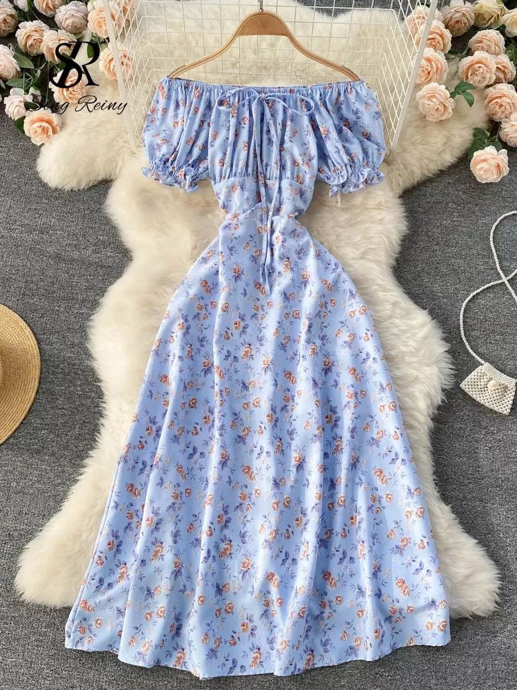 

SINGREINY Summer French Floral Dress Women Sweet Sexy Slash Neck Off Shoulder A-line Dresses Boho Print Vacation Beach Sundress