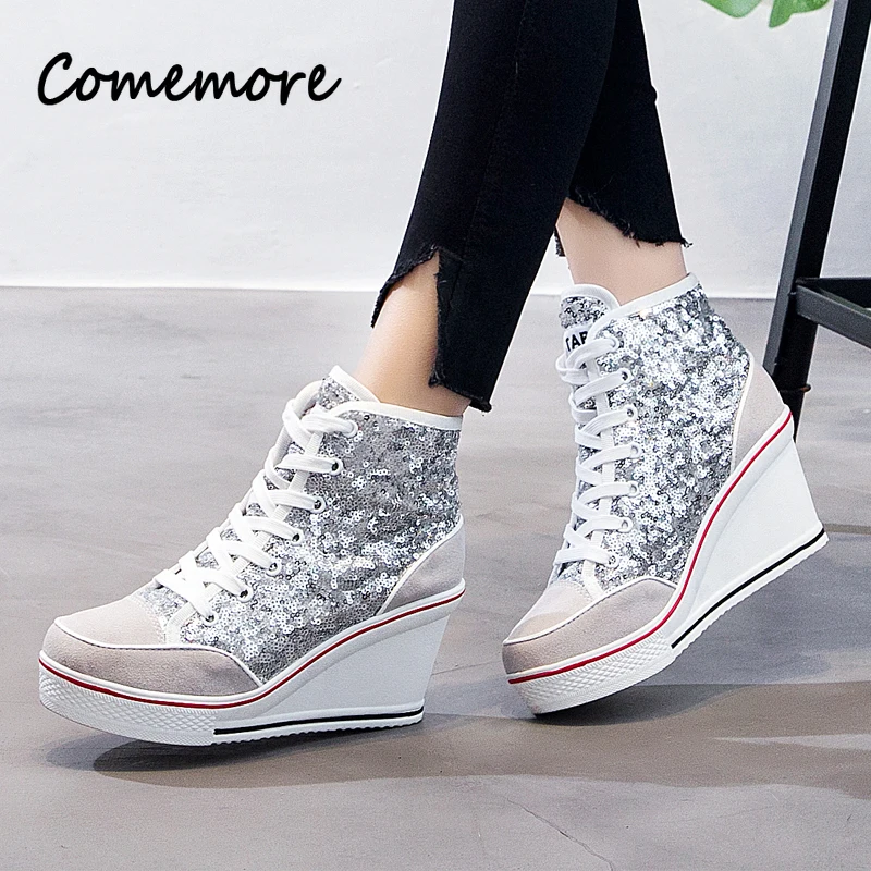 

Женские кроссовки на танкетке Comemore, весенне-осенние кроссовки на платформе и вулканизированной подошве, розовые, серебристые, 2023 пробы, с блестками, черные
