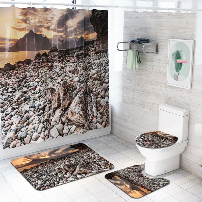 

Classical Stone 4pcs/set Shower Curtain Pedestal Rug Lid Toilet Cover Mat Bath Mat Set Bathroom Curtains with 12 Hooks