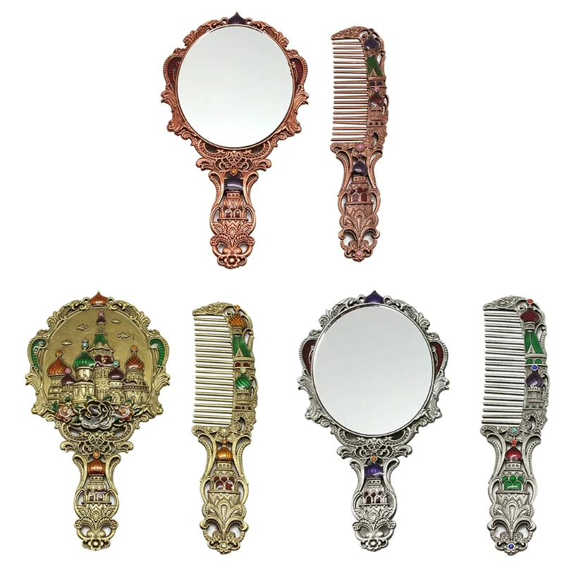 

Women's Vintage Castle Portable Cosmetic Mirror Russian Style Handle Mirror Set with Comb