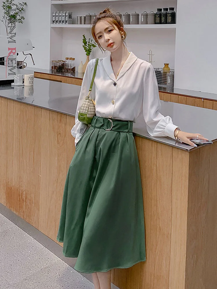 

LANMREM Women's Chiffon Shirt With Green High Waist Medium Length Skirt Female Elegant Two Pieces Sets 2022 Summer Autumn 2R3440