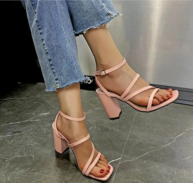 

Plus Size Ladies Square Heel High Heel Sandals Women's Pu Leather Elegant Style Sandalias Mujer 2022