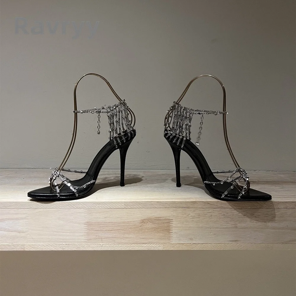 2023 Summer New Super High Heel Sandals Silver Rhinestone Chain Slim Heel Versatile Sandals Leather Open Toe Women\'s Shoes