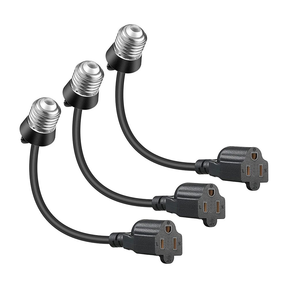 3 Pack Light Bulb Outlet Socket Adapter, E26/E27 Light Socket To Plug Adapter Convert 3 Prong 2 Prong Cord,For Garage