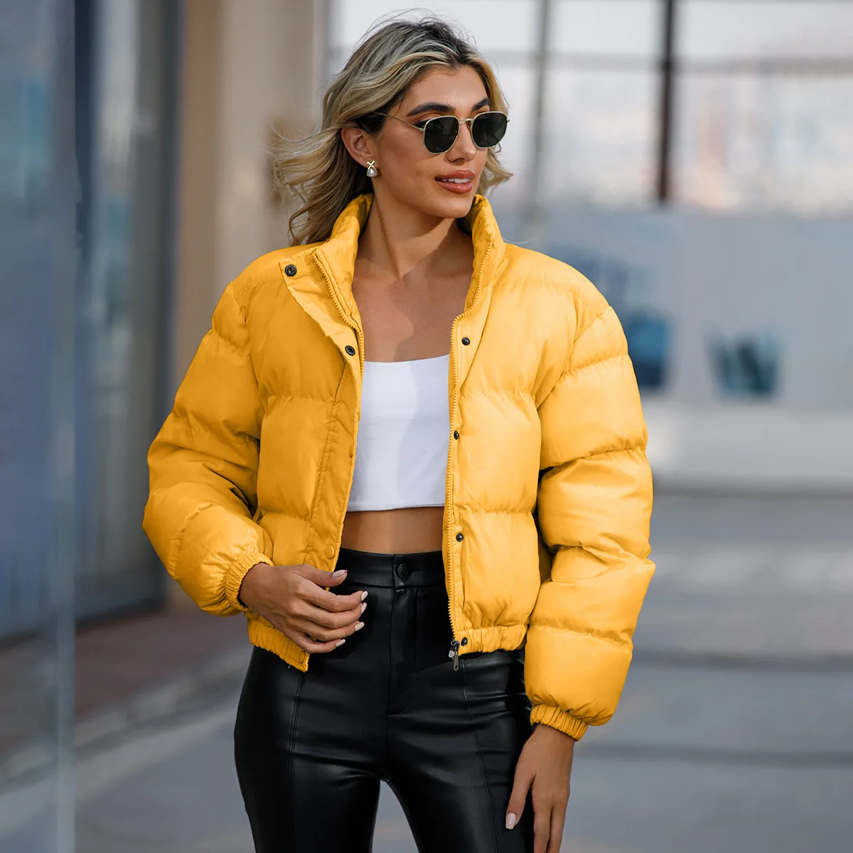WeiYao Spring Winter Clothes Women Short Winter Jacket Women Long Sleeve High Collar Warm Coat Loose Casual Puffer Jacket Coat