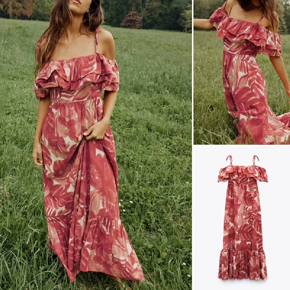 

COS LRIS European and American 2023 summer new print midi strap dress short-sleeved layered decoration sweet 4786253