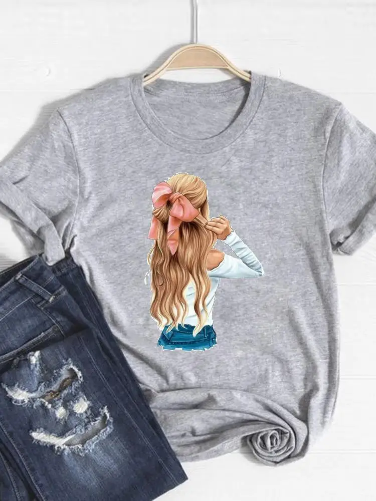 

Print T Shirt Short Sleeve Summer Clothes Women Clothing Fashion Watercolor Lovely Style Cute Graphic T-shirt Gray Basic Tee Top