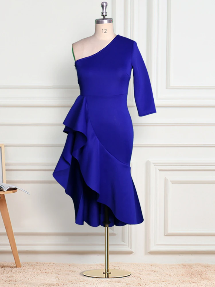 

2023 Asymmetry Elegant Dresses Blue Sexy One Shoulder Women Bodycon Ruffles Prom Robe Irregular Slim Fit Dinner Party Dress