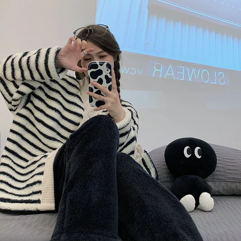 Yasuk Winter Women Girl Casual Warm Soft Sleepwear Pajamas With Pant Velvet Fleecel Cute Thick Pocket Simple Black White Stripes