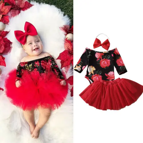 3PCS Floral Print Romper Jumpsuit+Tutu Skirt+Headband Outfit Set Newborn Baby Girl Clothes Sets
