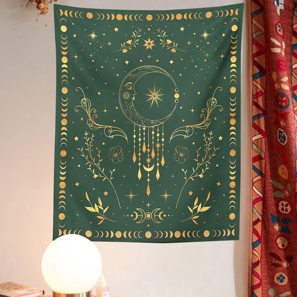 

Настенный зеленый гобелен с Золотым Полумесяцем шалфей, винтажный Настенный декор с Луной, Цветочная и лунная фаза, художественное настенн...