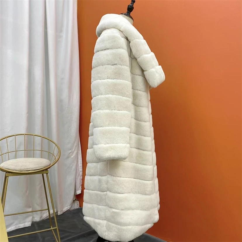 Women Real Fur Coat Natural Chinchilla Rex Rabbit Fur Jacket Long with Big Turn-down Collar Fashion Luxury Streetwear Belt Coats enlarge
