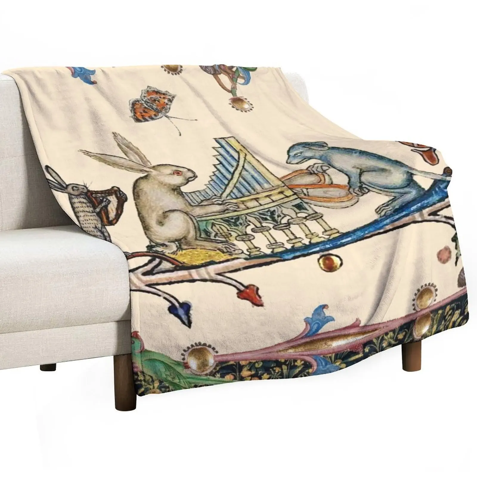 WEIRD MEDIEVAL BESTIARY MAKING MUSIC играющий орган с белым кроликом и собакой заяц-хостры одеяло