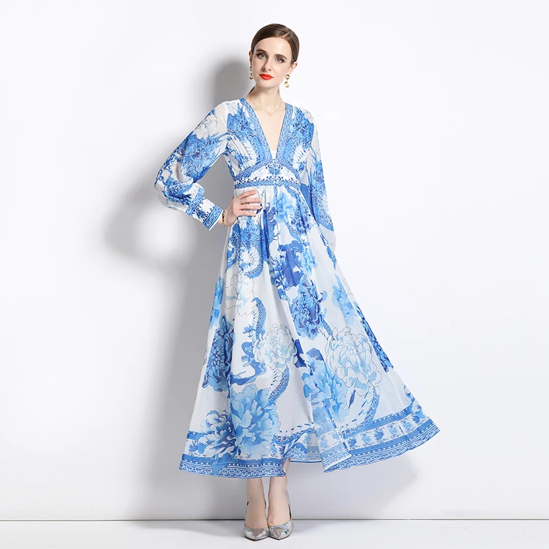

Женское шифоновое платье макси, модельное элегантное платье с цветочным принтом и глубоким V-образным вырезом, праздничное платье с разрезом и длинным рукавом, 2023