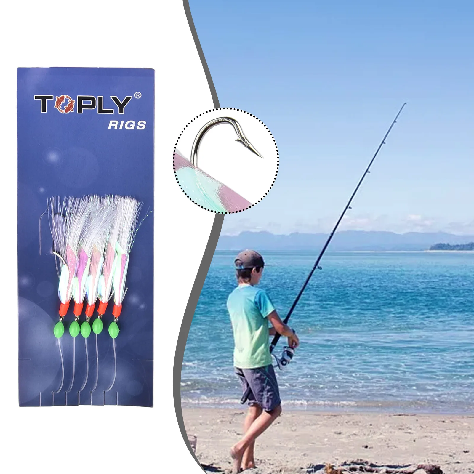 

Top Quality Rigs Fitted With 6 Hooks, Red Heads With WhitFeather Herring Bait High-carbon Steel Top Quality Rigs Fitted 6 Hooks