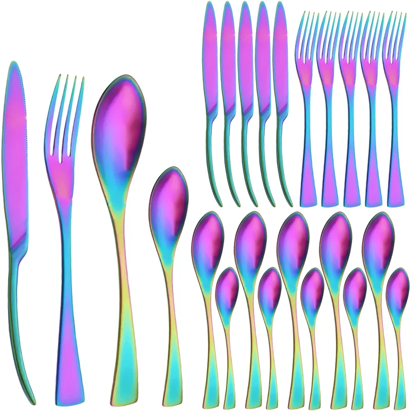 

AJOYOUS 24Pcs Dinnerware Set Stainless Steel Flatware Rainbow Dinner Knife Fork Tea Spoon Silverware Cutlery Set Food Tableware